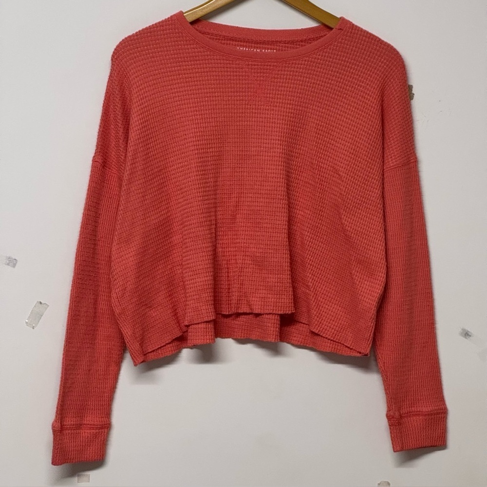 American Eagle Pink Waffleknit Cropped Sweater Long Sleeve M